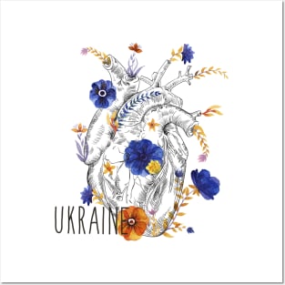 Ukraine. anatomical heart with watercolor flowers Posters and Art